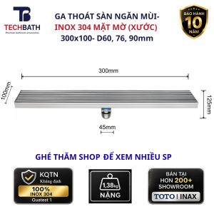 Ga Thoát Sàn Ngăn Mùi Inox 304 TECHBATH T1921.09 Phễu Thoát Sàn Chống Hôi Mặt Xước Mờ 300x100mm