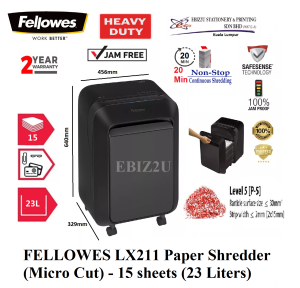 FELLOWES LX211 Paper Shredder (Micro Cut) 2 x 12mm - 15 sheets (23 Liters) (30 mins Non Stop Paper Shredder Shredder Machine A4 Paper Shredder Office Shredder Mesin Penghancur Kertas Heavy Duty Shredder Heavy Duty Paper Shredder Mesin Perincih)