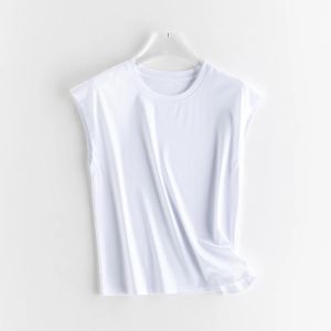 10% Silk Mercerized Cotton Sleeveless T-shirt Women Tank Top Silky Feeling Summer Cooling Wear O-neck Tee Vest Tops High-end2026