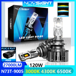 Tricolor Light Novsight N73T LED Lights for Car 9005 HB3 LED Headlight Bulb Kit High Beam Low Beam 3000K 4300K 6500K 120W 27000LM Plug&Play 2Pcs 1 Year Warranty Free Shipping