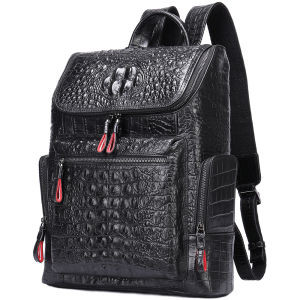 EDERN New Crocodile Pattern Backpack for Men Retro Fashion Genuine Leather Backpack Waterproof Cowhide Schoolbag Large Capacity 14-inch Laptop Bag