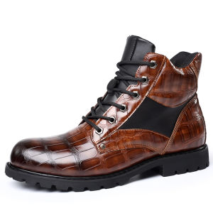 FECHENG Men Boots Autumn Spring Leather Round Toe Grid Pattern Square Heel Males Shoes Exquisite Fashion Leisure Design Men Boots