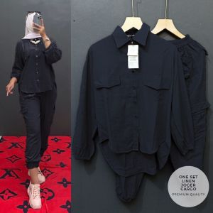 ONE SET ZR LINEN/SETCEL LINEN CARGO JOGER/ATASAN MUSLIMAH TERBARU BUSANA MUSLIMAH TERBARU
