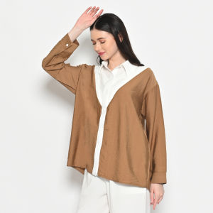 QUEENTIN Kemeja Wanita Kombinasi 0458 Linen Polo Polos Lengan Panjang