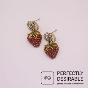 Womens Vintage G Strawberry Design Gold Earrings With Silver Needle Set With Full Red Diamonds.