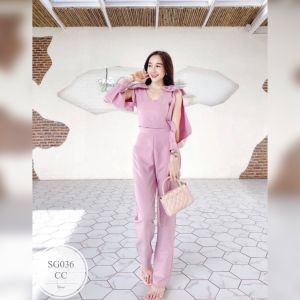 SS036 Set 2 ชิ้น เสื้อเปิดแหวกไหล่ ฟรุ้งฟริ้งแต่งไหล่ด้วยโบว์ทั้ง 2 ข้าง พร้อมกางเกงขายาว