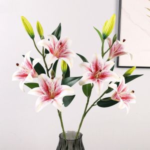 GLOBALTREE Real Touch Artificial Flower Branch 80cm Plastic Fake Flowers Photography Props Handmade Silk Lilium Brownii Flower Home Office Decor
