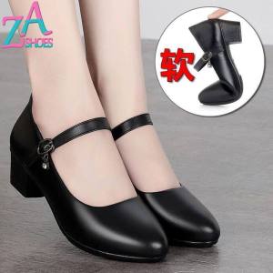 ZAZA Women Korean High Heels Office Black Leather Shoes Soft Sole Non-slip Comfortable Kasut Kerja Perempuan 2021 New
