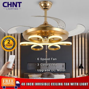 CHNT 48 Inch Invisible Ceiling Fan with Light and Remoteindoor Retractable Chandelier 3 Color Temperature LED Ceiling Ligh4 ABS Blades for Bedroom Living Room Dining Room Decorative Lights electric fan