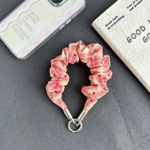 INVADER 2-in-1 Scrunchie Phone Wrist Strap Stretchable Plaid Heart Fabric Phone Lanyard Portable Anti-lost Keychain Bag Charm Women
