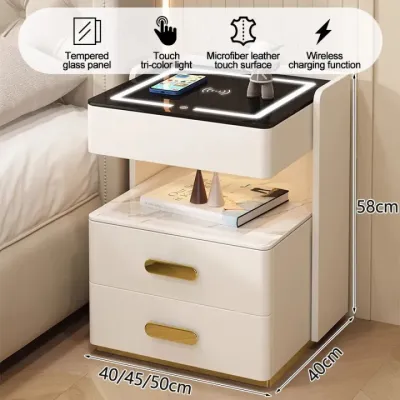 SAINTVILLA Smart Bedside Table Bedroom Solid Wood Bedside Cabinet Simple Modern Charging Storage Nightstand with USB Ports for Home