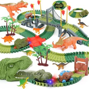 Dinosaur Track Toys for Kids - Best Birthday Gifts for 3 4 5 6 7 Year Old Boys Flexible Race Car Track Set with Light & Sound Create a Dino World Adventure
