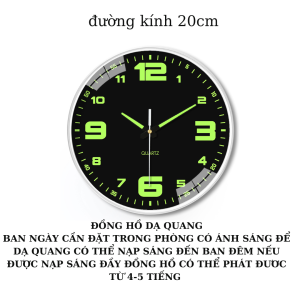 Đồng hồ treo tường dạ quang phát sáng kim trôi không tiếng động quazt đường kính 20cm 30cm