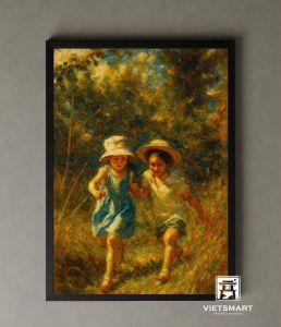 Tranh Nghệ thuật "Hai Đứa Trẻ Chạy Giữa Rừng" VIETSMART ART - Sơn dầu 60 x 90cm