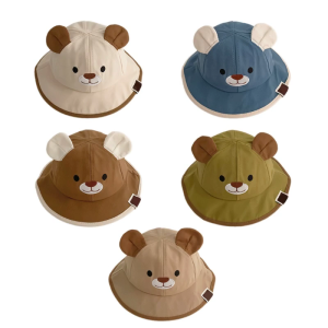 Baby Fisherman Hat Cute Bear Ear Bucket Caps Wide Brimmed Basin Hats Trend Headwear with Elastic Chin Belt