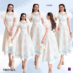 TW21825 Maxi เดรสแขนระบายพิมพ์ลาย  น่ารัก ใส่แล้วดูแพง ดีเทลเก๋