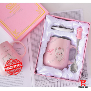 Pink Gift Box Set Cat Kitty Mug Spoon Lovely Girl Present | Hadiah Untuk Perempuan Cawan Sudu Warna Pink