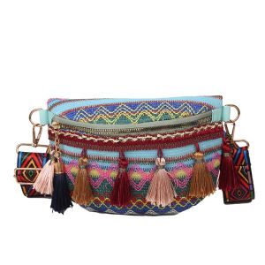 Pomely [COD&Local]Woven Womens Messenger Bag Colorful Tassel Straw Ethnic Style Chest Bag Fanny Bag Messenger Bag Shoulder Bag Woven Adjustable Wide Shoulder Strap