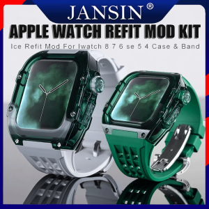 jansin Dây đeo đồng hồ thông minh sang trọng Modification Kit cho Apple Watch 7/8 Dây đeo Fluororubber cho i Watch Series 8 7 6 5 4 SE2 45MM 44MM Vỏ trong suốt