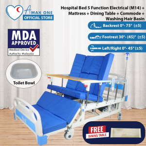 [Same Day Delivery] Hospital Bed 5 Function Electrical (M14) + Mattress + Table + Commode + Washing Hair