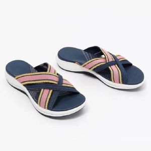 [Free Shipping] WomenS Summer Sandals New Style Flat-Soled Wedge-Heeled Open-Toe Knitted And Criss-Cross Design