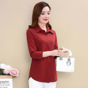 Womens Shirt Summer Casual V-neck Mother Wear Loose and Thin Simple Middle-aged Ladies Long-sleeved Top