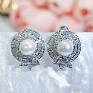 SEQUITO High Quality Brides Wedding Party Clothing Accessories White Gold Plated Micro Pave Round AAA Zirconia Charming Pearl Stud Earrings SE957