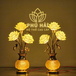 Đôi Đèn Thờ 3 Bông Hoa Sen Bình Nổi Khối Cao 42 Cm Cao Cấp
