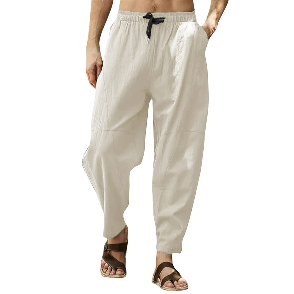 Men Casual Beach Trousers Cotton Elastic Waistband Summer Pants