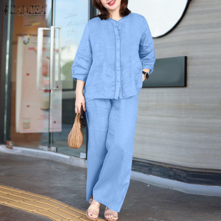 ZANZEA Womens Office Casual Sets O Neck 3/4 Sleeve Button Up Blouses Wide  Leg Trousers Solid Outfits #0113 Lazada PH