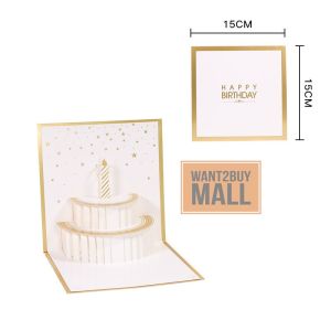 3D Creative Pop Up Birthday Cake Gold Greeting Card Handmade Kirigami Party Card Paper With Envelope Hari Lahir Kertas