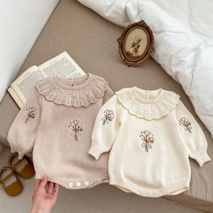 Korean Style Toddler Baby Girl Romper Knitting Long Sleeve Flower Embroidery Autumn Spring Newborn Baby Girl Knitting Jumpsuit2026