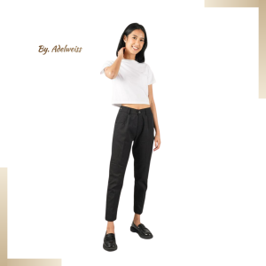 Celana Casual Wanita Kulot Pinggang Tinggi Elastis Full Length - Warna Ivory/Abu-abu Gelap