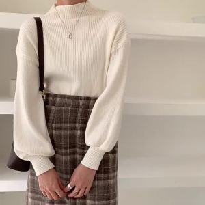 2023 Đèn Lồng Tay Áo Áo Len Phụ Cao Cổ Áo Len Màu Sắc Tinh Khiết Dệt Kim Cao Cổ Áo Thun Lỏng Áo Len Lớn Phụ