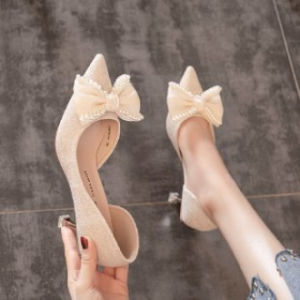 [Free Shipping] New Pearl Bowknot Mid-Heel Pumps Pointed-Toe High Heels Slender Heel Elegant Side Cut-Out Design Autumn Collection