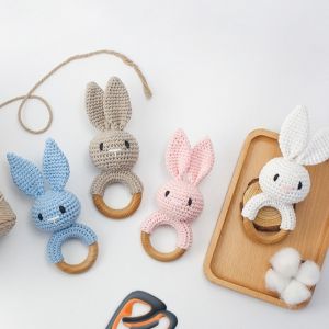 MAELIN Wood Rodent Rabbit Baby Crochet Rattle Biteable Plush Knitted Cartoon Animal BPA Free Toy Cartoon Animal Hooked Soft Toys Educational Music Toys Infants Comfort