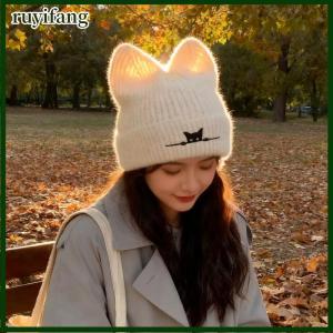 ruyifang หมวกหูแมวหมวกกันหนาวสำหรับผู้หญิง หมวกกันหนาวการ์ตูนผ้ากำมะหยี่ขนยาวหมวกสวมหัวหิมะกลางแจ้งสำหรับผู้หญิงเกาหลี
