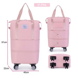 TasBagShop Large-capacity Travel Bag with Wheels 2 Layer Expandable Luggage Bag Portable Women Overnight Bag Checked Bag