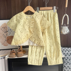 Bear Leader Summer Yellow Flower Print Girls Clothes Korean Version Short Sleeve Ruffle T-shirt Tops and Pants Two-piece Set 3 To 7 Years Kids Casual Beach Vacation Wear Raya
