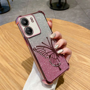 VRQR Bright Diamond Phone Case for Redmi 13C 4G Xiaomi POCO C65 Butterfly Pattern Sparkling Pink Card Girl Design