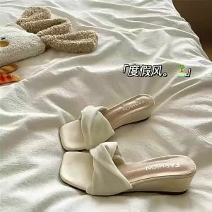 [Free Shipping] 2026 Summer New Simple High-Heeled One-Strap Sandals Wedge Heels WomenS Shoes Outdoor Half Slippers