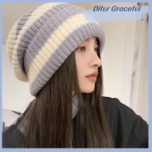 Ditur หมวกให้ความอบอุ่นในฤดูหนาวสำหรับผู้หญิงหมวกถักแบบเรียงซ้อนแบบลำลองหมวกผู้ชายลายทางฮิปฮอปยูนิเซ็กส์บีนนี่ผู้หญิง