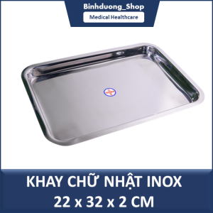 Khay inox chữ nhật 32x22x2cm đựng dụng cụ sơ cứu tiểu phẫu dùng trong y tế spa bền đẹp không gỉ