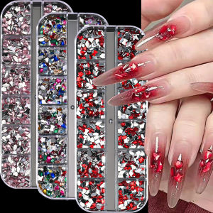 ZEEMIN 12Grids 14Styles Mixed Crystal Nail Art Rhinestones Charms 3D Luxury Gems Diamond Glitter Nail Jewelry Manicure Nail Art Decorat