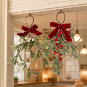 JPTD With Bowknot Artificial Christmas Tree Wreath Lifelike Decorative Christmas Hanging Decor Mantel Decoration Red Berries Artificial Pine Swag Christmas Ornament