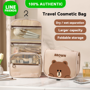 LINE FRIENDS Brown Toiletry Bag Hanging Travel Organizer Large Capacity Water-resistant Polyester LFB285