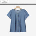 ZANZEA Women Fashion Crew Neck Shirt Button Up Raglan Sleeve Pleated Solid Color Top #0616. 
