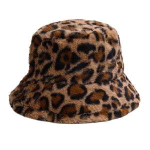 WISHAHA Furry Faux Fur Winter Bucket Hat Leopard Print Soft Velvet Fisherman Hat Versatile Retro Faux Fur Hat Winter Season