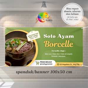 Cetak Spanduk Banner Hijau kuning ilustrasi promosi warung makan soto