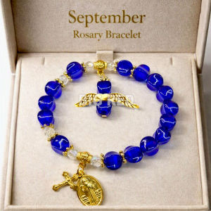 Rosary Bracelet Birth Month Faith Jewelry with St. Benedict Miraculous Medal Angel
